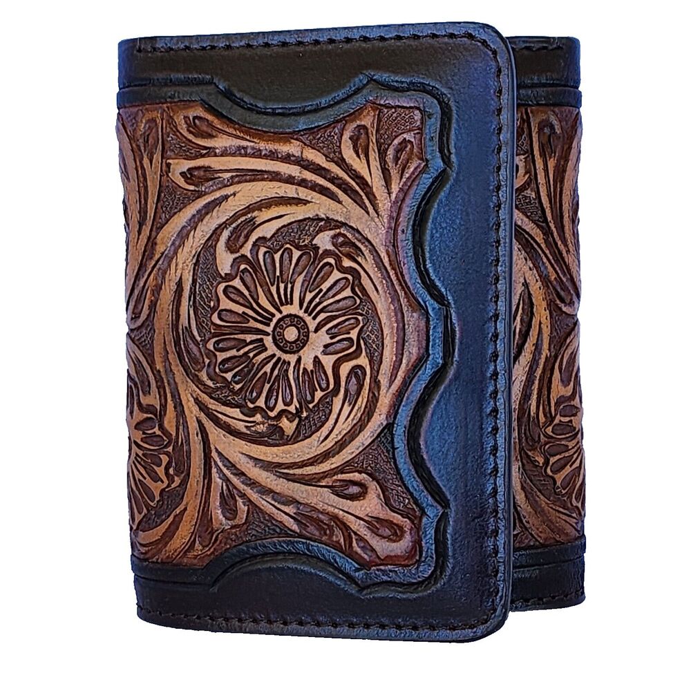 Western Ranger Tri-Fold Wallet Two Toned Brown Leather Tooled Floral HFK345T